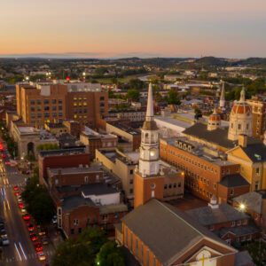 Aerial view of downtown York, PA, at sunset